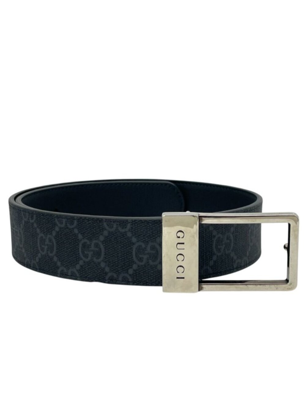 Gucci GG Supreme Belt Pattern Square Buckle Canvas Leather Gray Silver